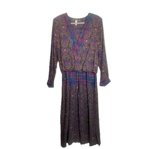 Vintage 14 Paisley Floral Midi Dress Purple Pink Teal Pleated Blouson Bodice